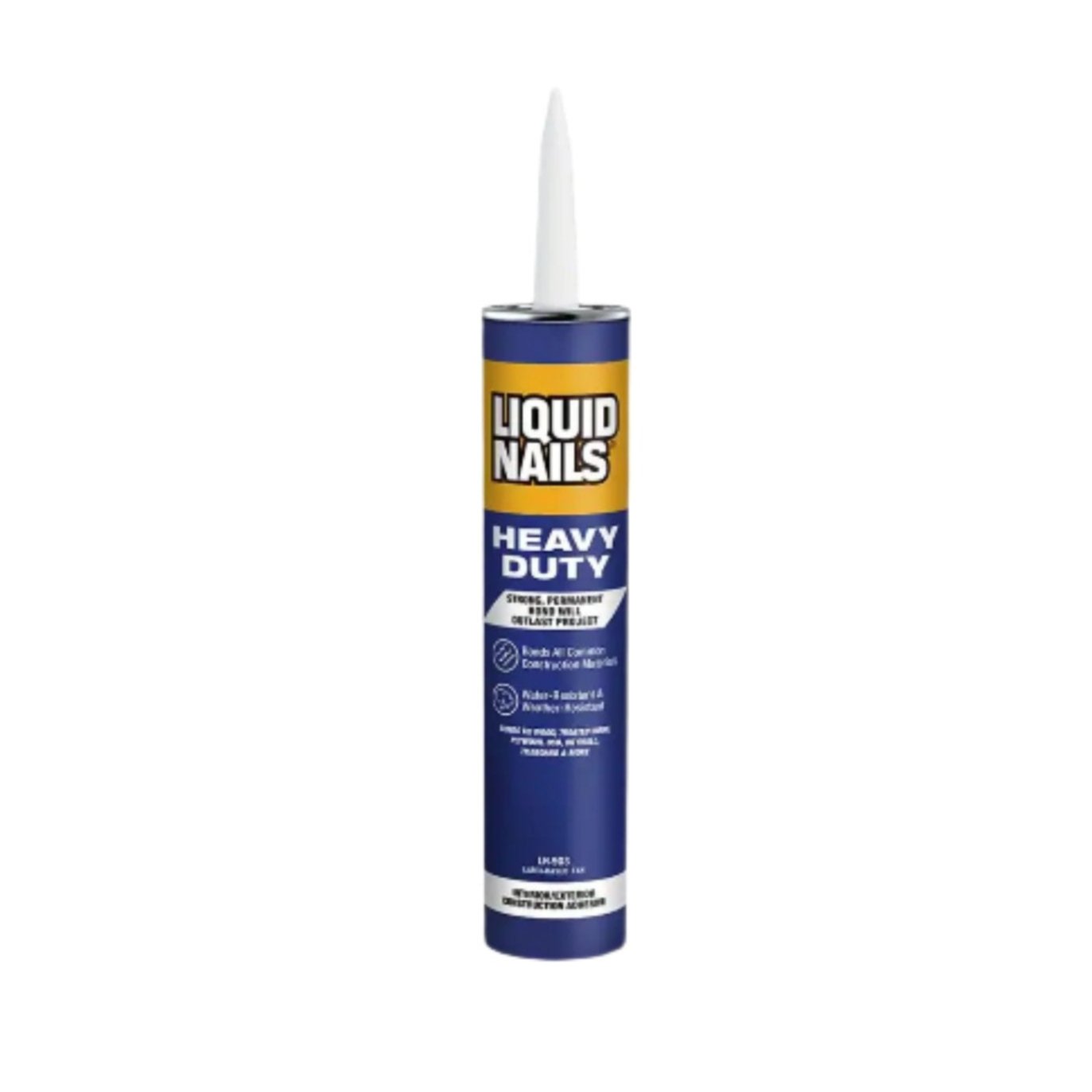 The LIQUID NAILS LN903 Heavy Duty 10 oz. White Low VOC Construction Adhesive features a white applicator tip and a blue-and-yellow label, highlighting its strong, permanent bond with instant holding power—perfect for construction projects.