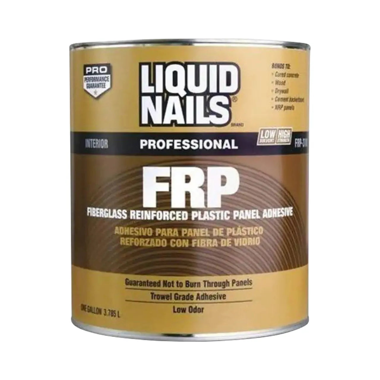 A 3.78 L can of Go Build Fiberglass Reinforced Plastic Panel Adhesive Low VOC, featuring a gold and black design with bilingual English and Spanish text; suitable for interior use.