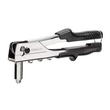 The STANLEY 10 in Right Angle Riveter features black rubber grips and a silver finish, offering precise fastening for rivets.