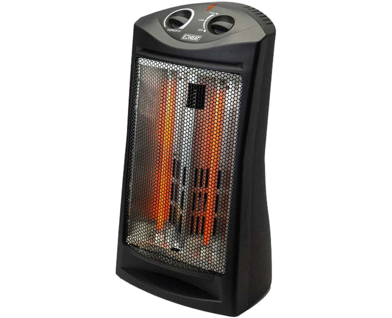 The EZ-Heat Dual Quartz Fan Radiant Heater by Go Build Supply features a black mesh front, visible orange heating elements, and twin control knobs on top, shown against a white background.