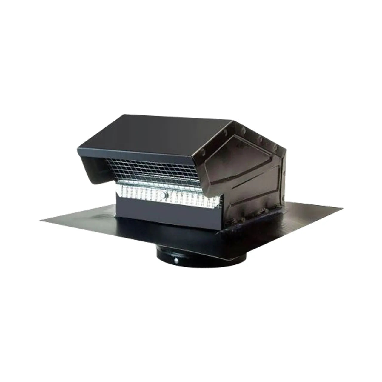 The Go Build 4 in. Goose Neck Vent Roof Cap - Black features a slanted hood, mesh screen, and flat square base for easy installation on 4 in. ducts, promoting attic airflow. Brand: Go Build, The Fastest Way To Build.