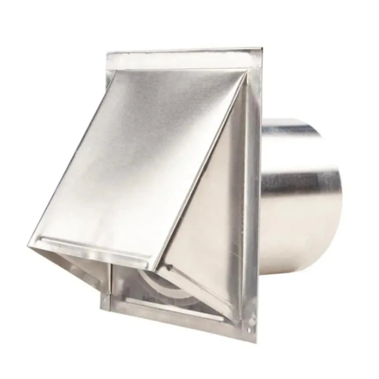 The Go Build 4 in. Round Wall Vent features a rectangular base, sloped cover, and aluminum construction—perfect for exterior wall installation as a dryer or exhaust vent. Brand: Go Build, The Fastest Way To Build.