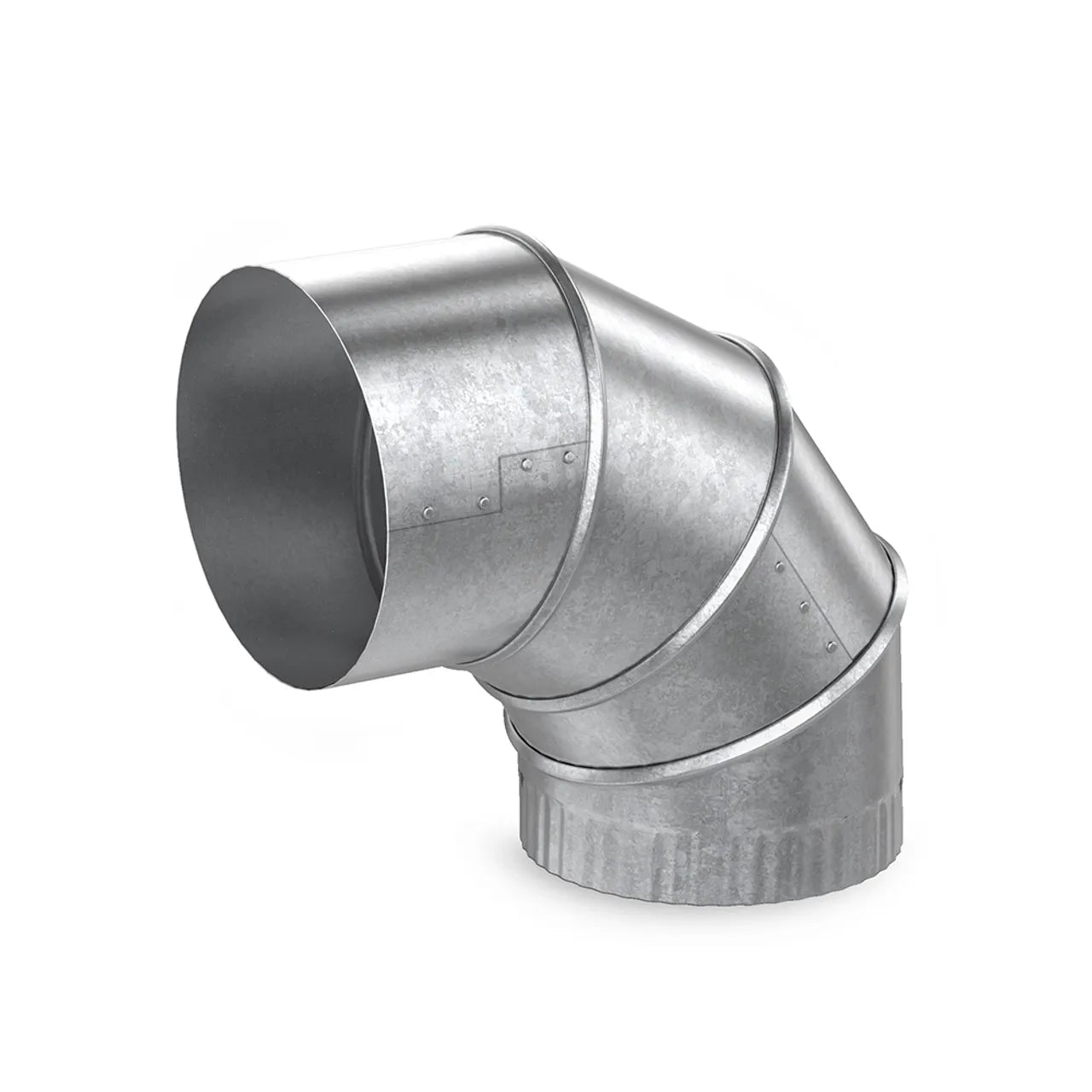 The Go Build 6 in. Adjustable Galvanized Elbow 90-Degree - 26 Ga. offers a durable, seamless metallic finish for reliable use in HVAC or ventilation systems.