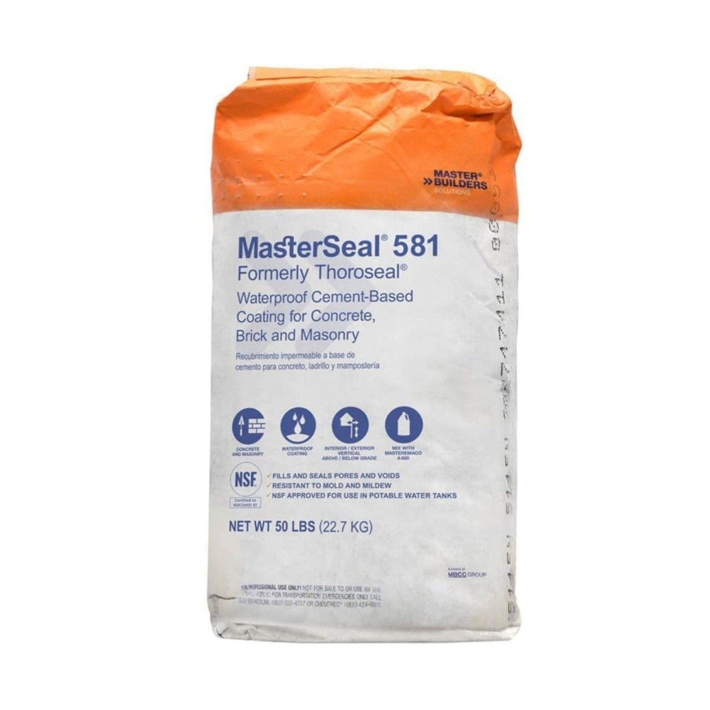A bag of MasterSeal 581 Gray, a cement-based waterproof coating from the MasterSeal brand, is displayed. The packaging is white with an orange top and highlights details about its 50-pound (22.7 kg) weight.