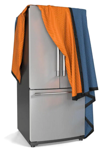 A stainless steel fridge with double doors and a bottom freezer is partially covered by a PRATT RETAIL SPECIALTIES 80 in. L x 144 in. W Extra-Large Premium Moving Blanket, providing damage protection over the top and side.