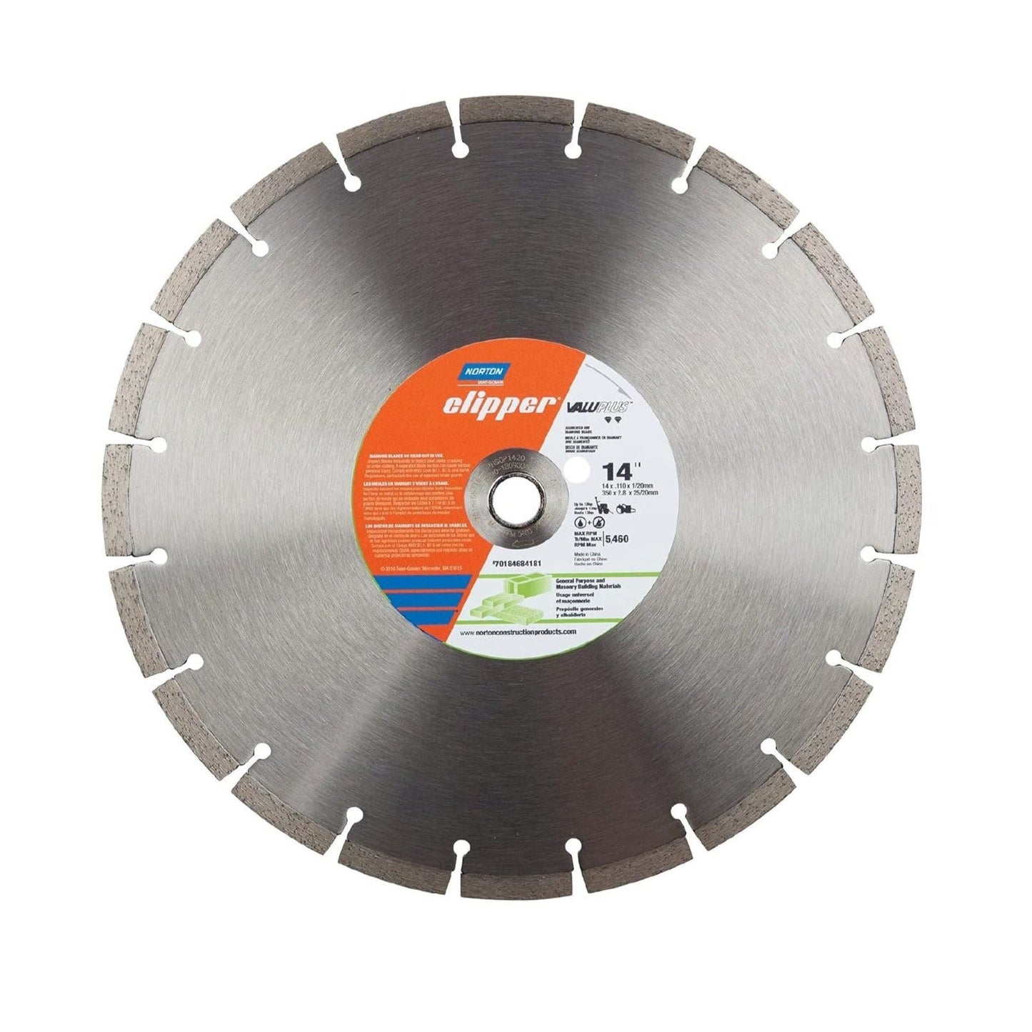 The NORTON 70184684181 14 in. ValuPlus Segmented High-Speed Diamond Blade is a metal circular saw blade for general cutting, with edge sections for enhanced action. The label shows the brand and specs on a white background.