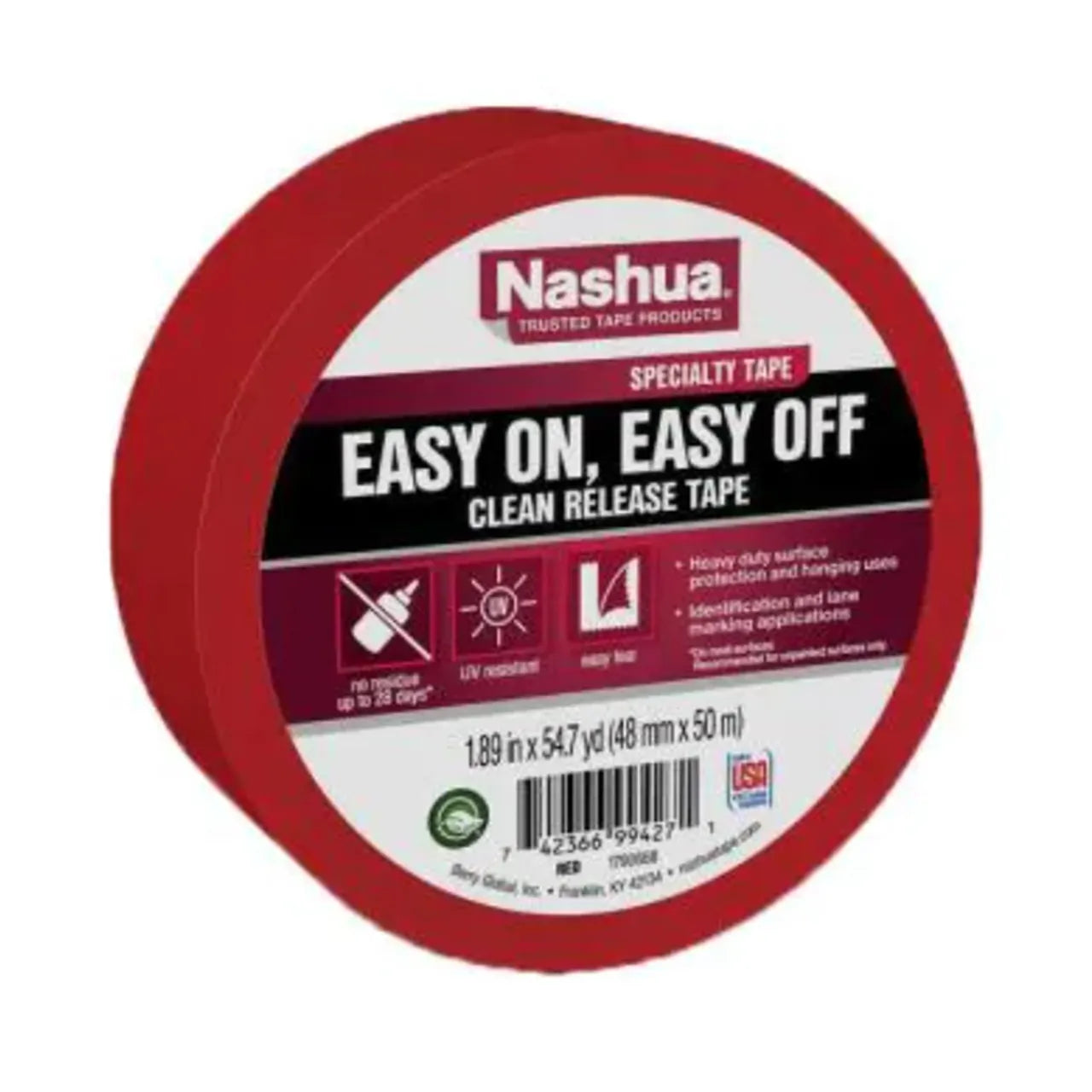 Go Build’s 1.89 in x 54.7 yds Easy On, Easy Off Clean Release Duct Tape in red features UV resistance, easy tear, and clean removal—packaged for fast building with The Fastest Way To Build branding.