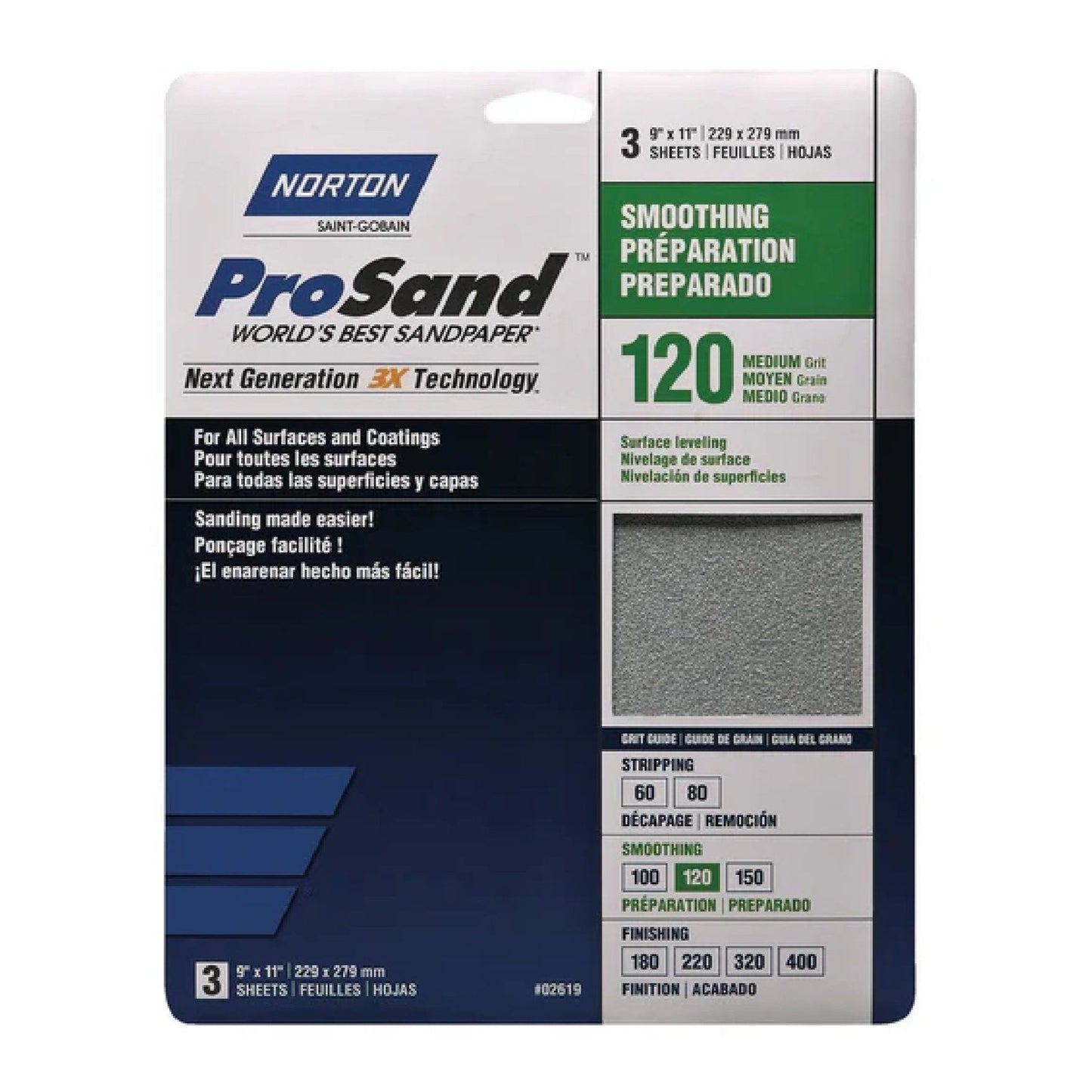 The NORTON 02619 ProSand 3-pack of 9 x 11 medium sanding sheets at 120 grit, praised for its 3X technology, is ideal for multiple surfaces and coatings. It includes text in English, French, and Spanish.