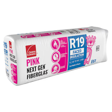 A package of Owens Corning R19 15 in. x 93 in. KRAFT Faced Fiberglass Insulation (78 sq. ft.), featuring product details, benefit icons, and the Pink Panther on the front.