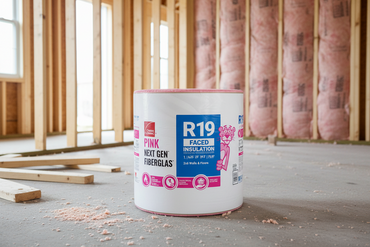 An OWENS CORNING R19 23 in. x 39'2 in. Kraft Faced Fiberglass Roll Insulation (75 sq. ft.) sits on the floor of a house under construction, with exposed studs and installed PINK Next Gen insulation in the background.