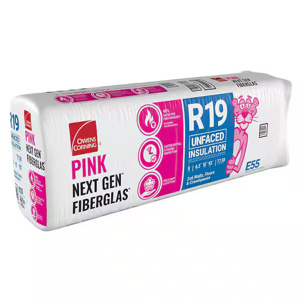 The Owens Corning R19 15 in. x 93 in. Unfaced Fiberglass Insulation Batt (78 sq. ft.) package features the Pink Panther mascot, fire resistance, noise control, comfort, and thermal performance icons on a mostly white pack with pink and blue accents.