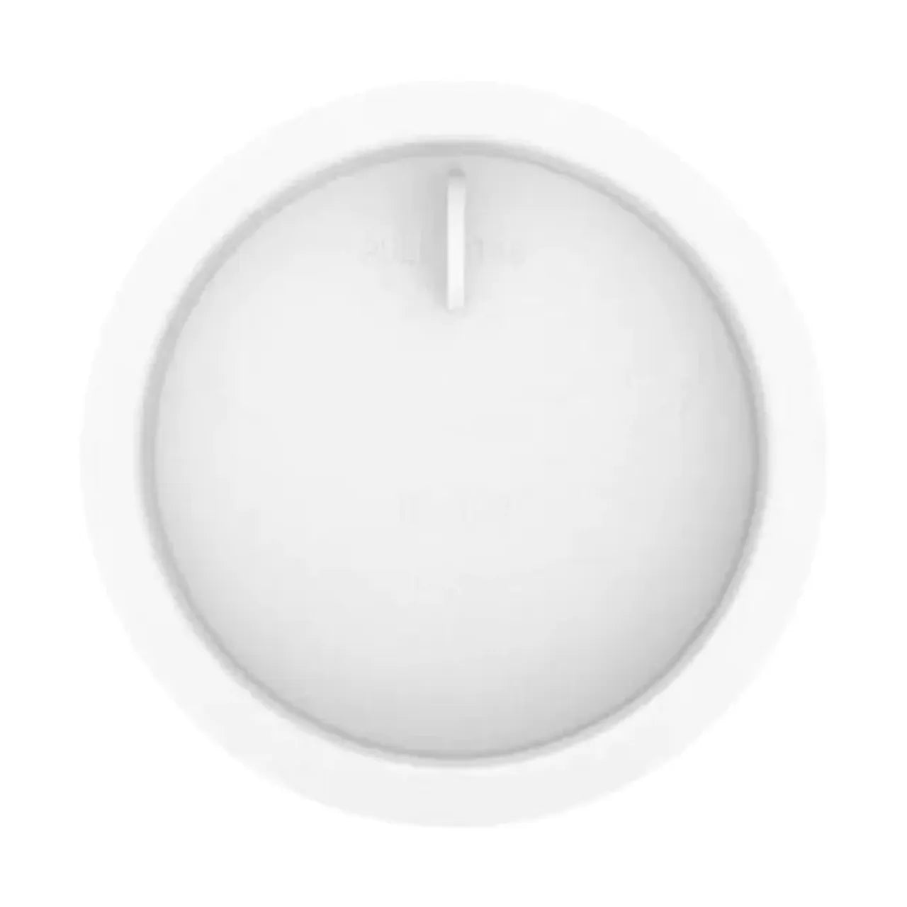 A white, round 3 in. PVC Pipe Test Cap with Knockout by Go Build, The Fastest Way To Build, featuring a single vertical line indicator at the top, is displayed against a plain white background.