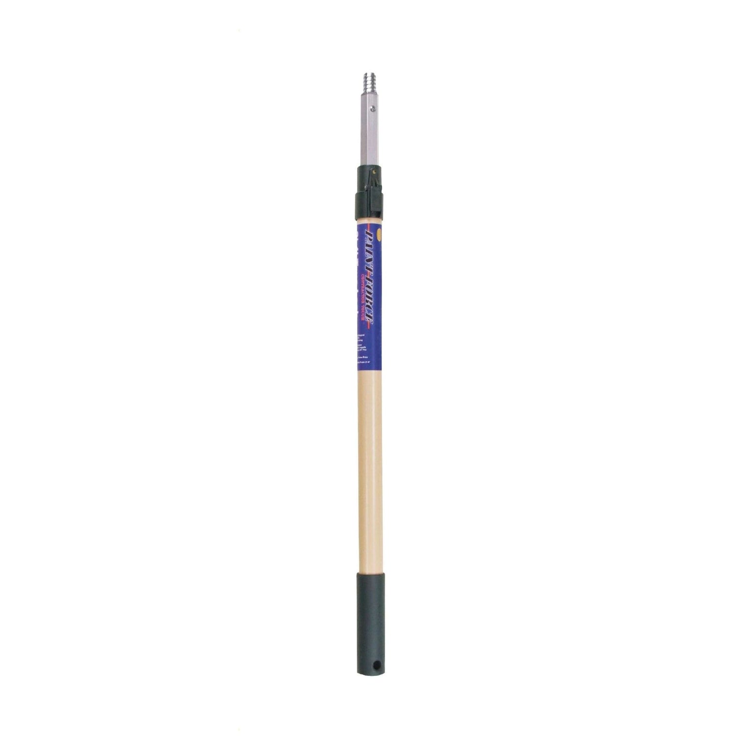 The PAINT FORCE 30344 Fiberglass & Aluminum Tru-Lock Extension Pole, extending from 4 ft. to 8 ft., has a green grip and beige shaft, ideal for securely reaching high or difficult spots. Its showcased against a plain white background.