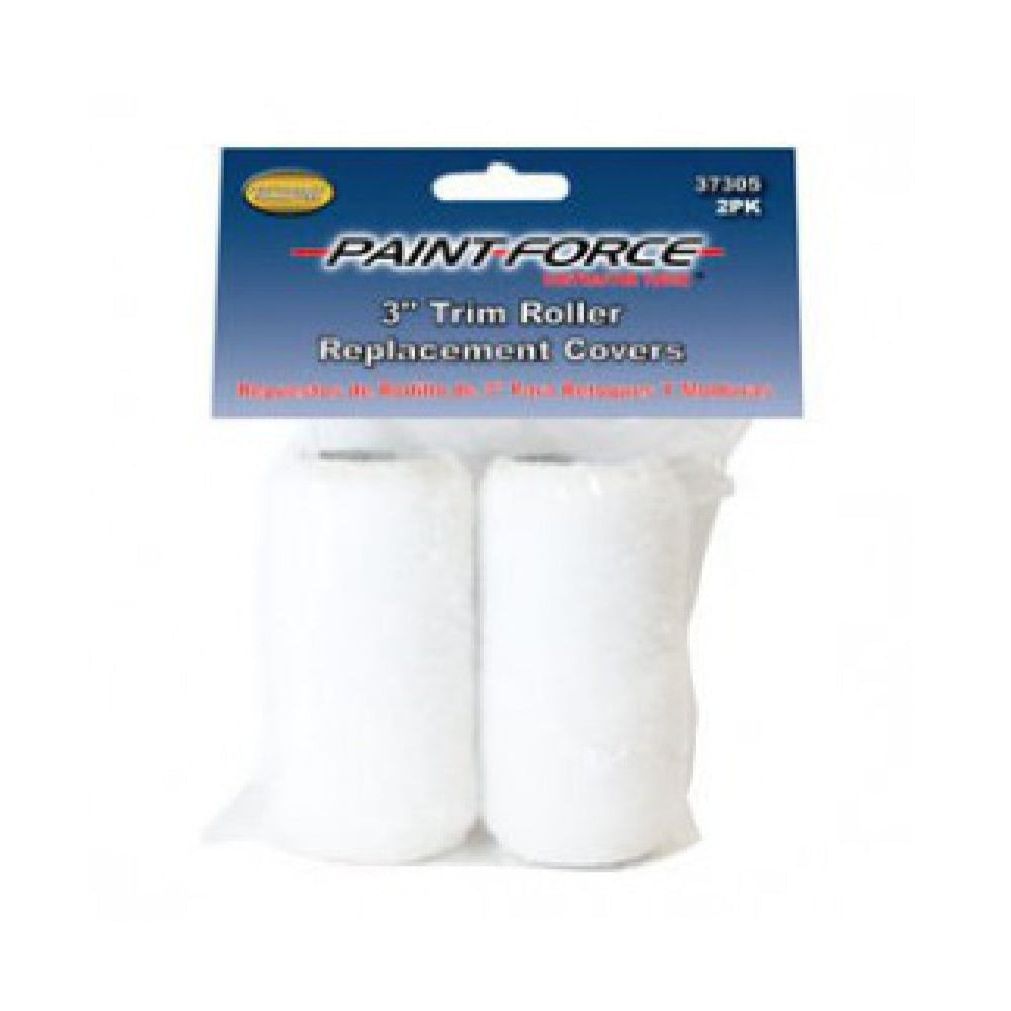 Package of two fluffy, white cylindrical roller covers by PAINT FORCE, labeled PAINT-FORCE 37305 3 in. Trim Roller Refill. Designed for smooth paint application, these are essential additions to your paint supplies.