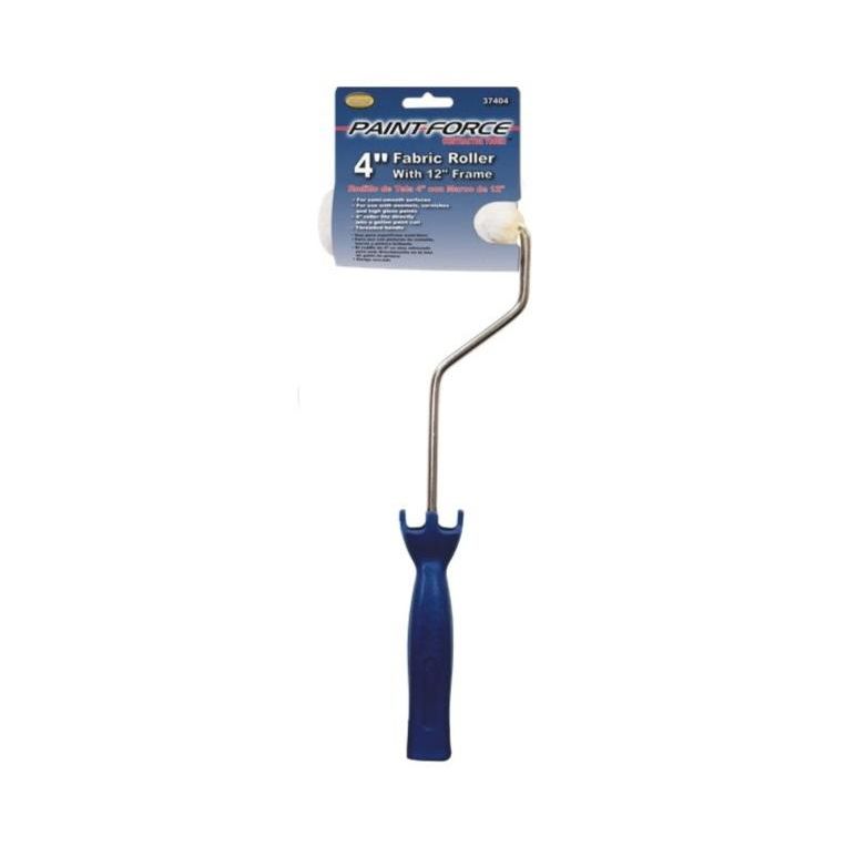 A man in a blue outfit stands on a ladder, using the PAINT-FORCE 37404 4 in. x 1/2 in. Nap Fabric Roller With 12 in. Frame to paint the top edge of a wall white. A smooth painted finish emerges as the blue sky and cloud scene above his roller blends seamlessly into the wall.