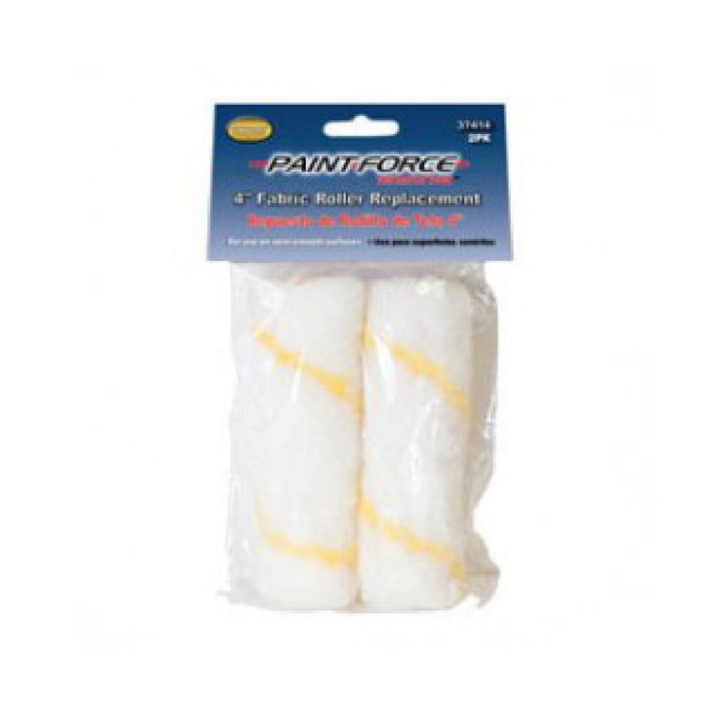 The PAINT FORCE 37414 4x1/2 Nap Fabric Roller Refill (2-Pack) features premium white covers with yellow bands, perfect for painting semi-smooth surfaces.