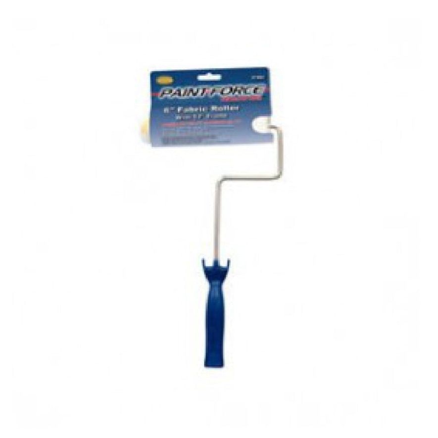 A blue-handled paint roller on a white background. The clean roller is labeled PAINT FORCE, featuring a 6-inch by 1/2-inch nap fabric roller with a 12-inch frame, ideal for achieving a smooth finish on walls and ceilings.