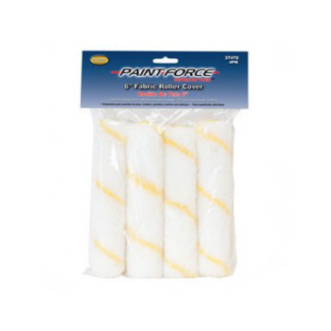 The PAINT FORCE 37470 pack contains four 6 in. x 1/2 in. nap fabric roller refills with white rollers and yellow stripes, ideal for improving your painting on semi-smooth surfaces. The blue header indicates theyre suitable for all paint types.