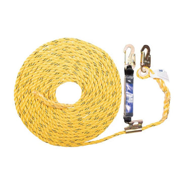 The PALMERA SAFETY V5501 kit features a durable yellow coiled rope with black specks, equipped with sturdy metal clips on one end, set against a white background.