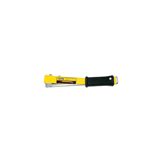 The STANLEY® Heavy-duty Hammer Tacker, featuring a yellow and black design with a metal head and rubberized handle for rapid stapling, is displayed on a plain white background.