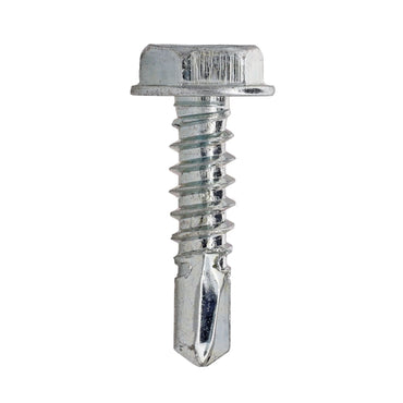 Close-up of a Pro-Twist HWD1034 #10 x 3/4 in. Zinc Plated #3 Self Drill Hex Washer Head Sheet Metal Screw, ideal for metal-to-metal fastening, set against a white background.