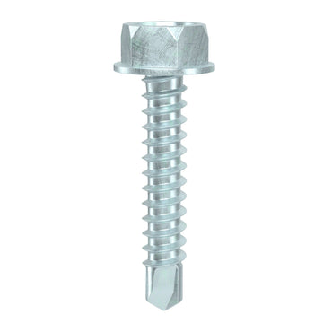 An isolated close-up of a PRO-TWIST NHWD101001 #10 x 1 in. zinc-plated #3 self-drill hex washer head screw showcases its threaded body and pointed tip, ideal for secure material fastening.