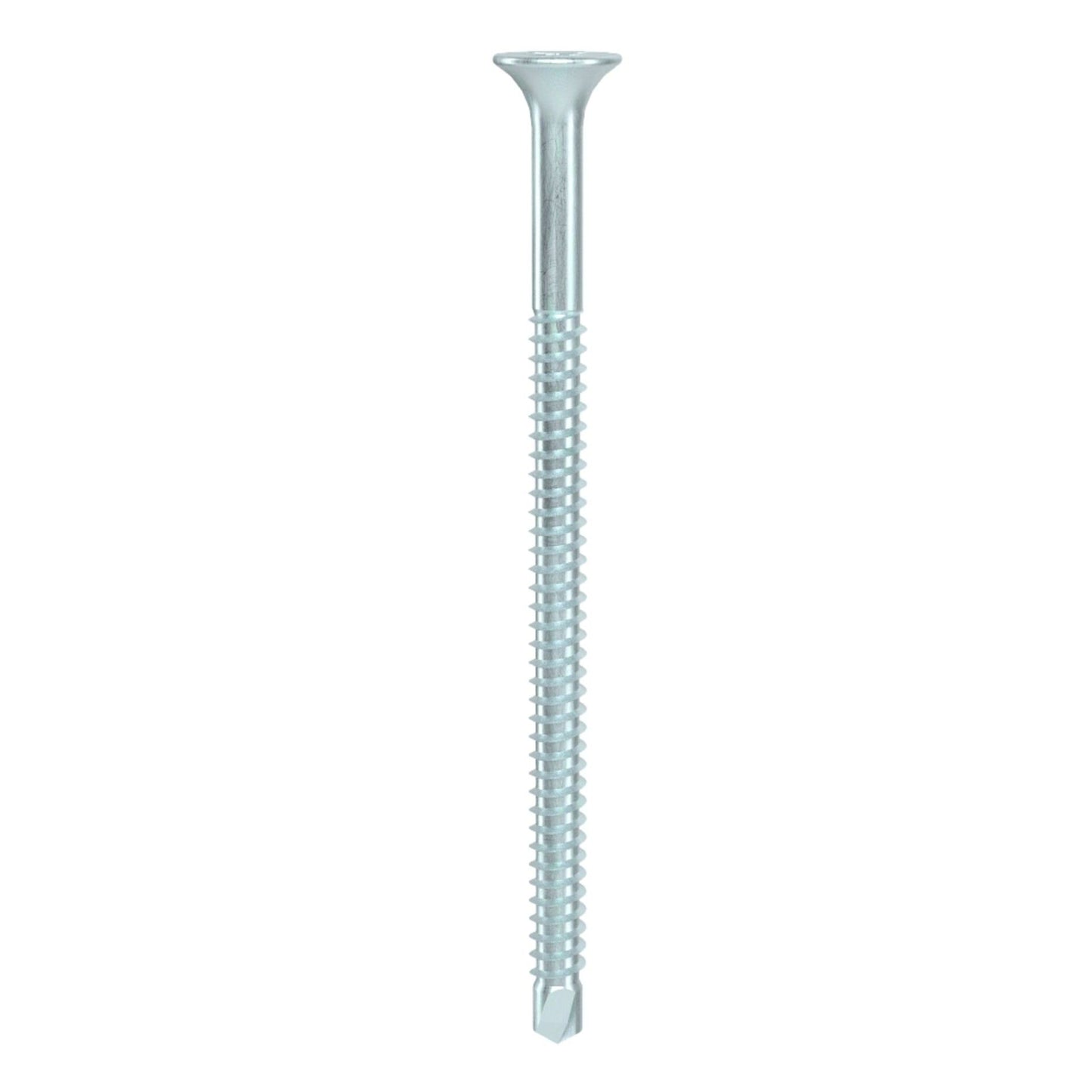 A single Pro-Twist PRO-TWIST NHWD101121 #10 x 1-1/2 in. zinc-plated screw with a self-drill hex washer head, set against a plain white background—a sleek example of premium fastening solutions.