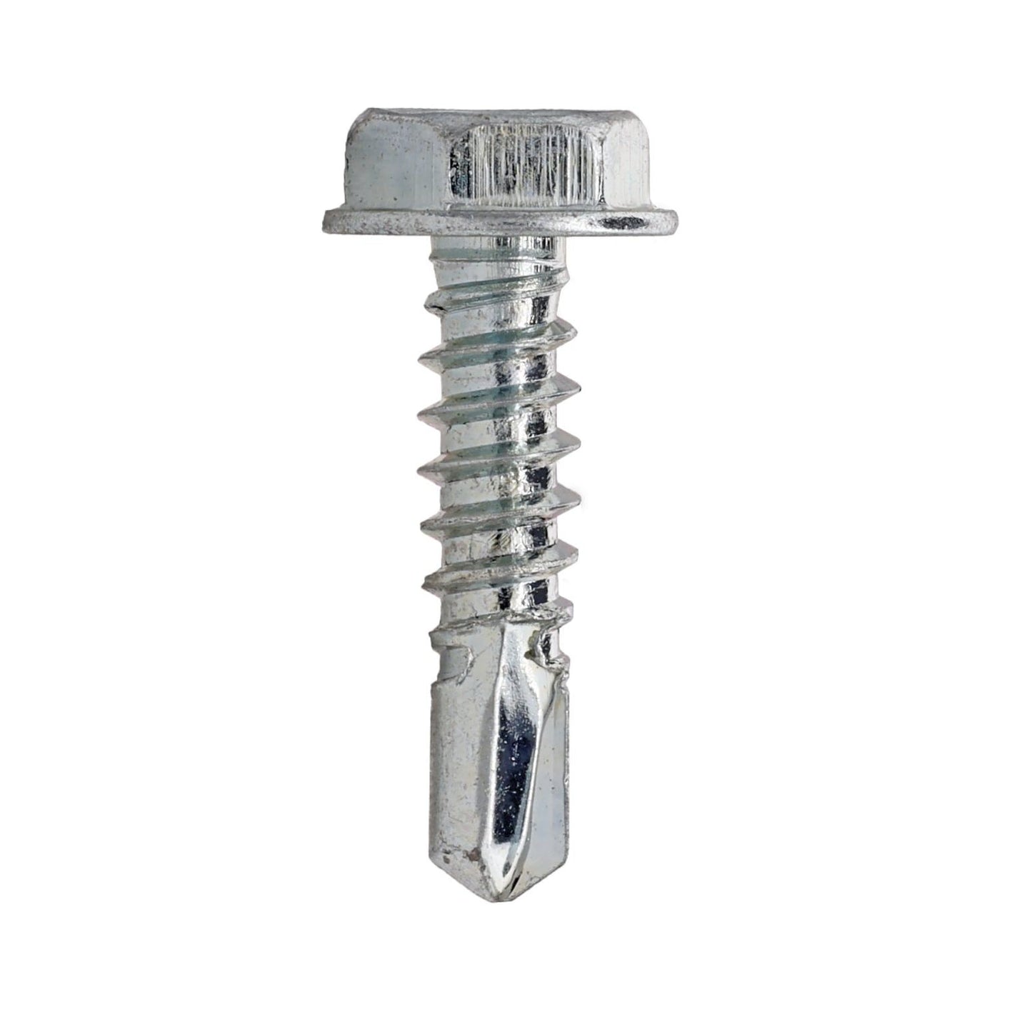 A close-up of a Pro-Twist NHWD10345 #10 x 3/4 in. Zinc Plated #3 self-drilling hex washer head screw, perfect for metal-to-metal fastening, set against a plain white background.