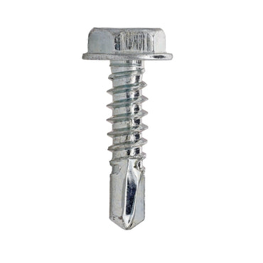 A close-up of a Pro-Twist NHWD10345 #10 x 3/4 in. Zinc Plated #3 self-drilling hex washer head screw, perfect for metal-to-metal fastening, set against a plain white background.