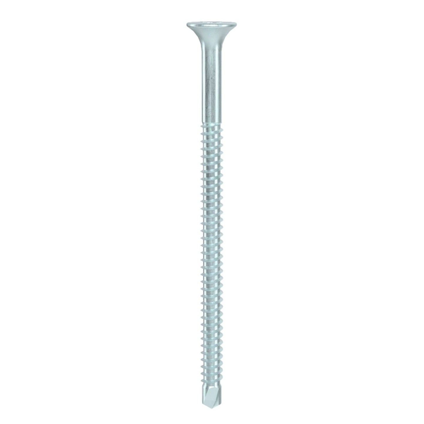 Close-up of a Pro-Twist PRO-TWIST NSDZ2581 screw with a zinc-plated bugle head and fine thread, positioned vertically against a plain white background.
