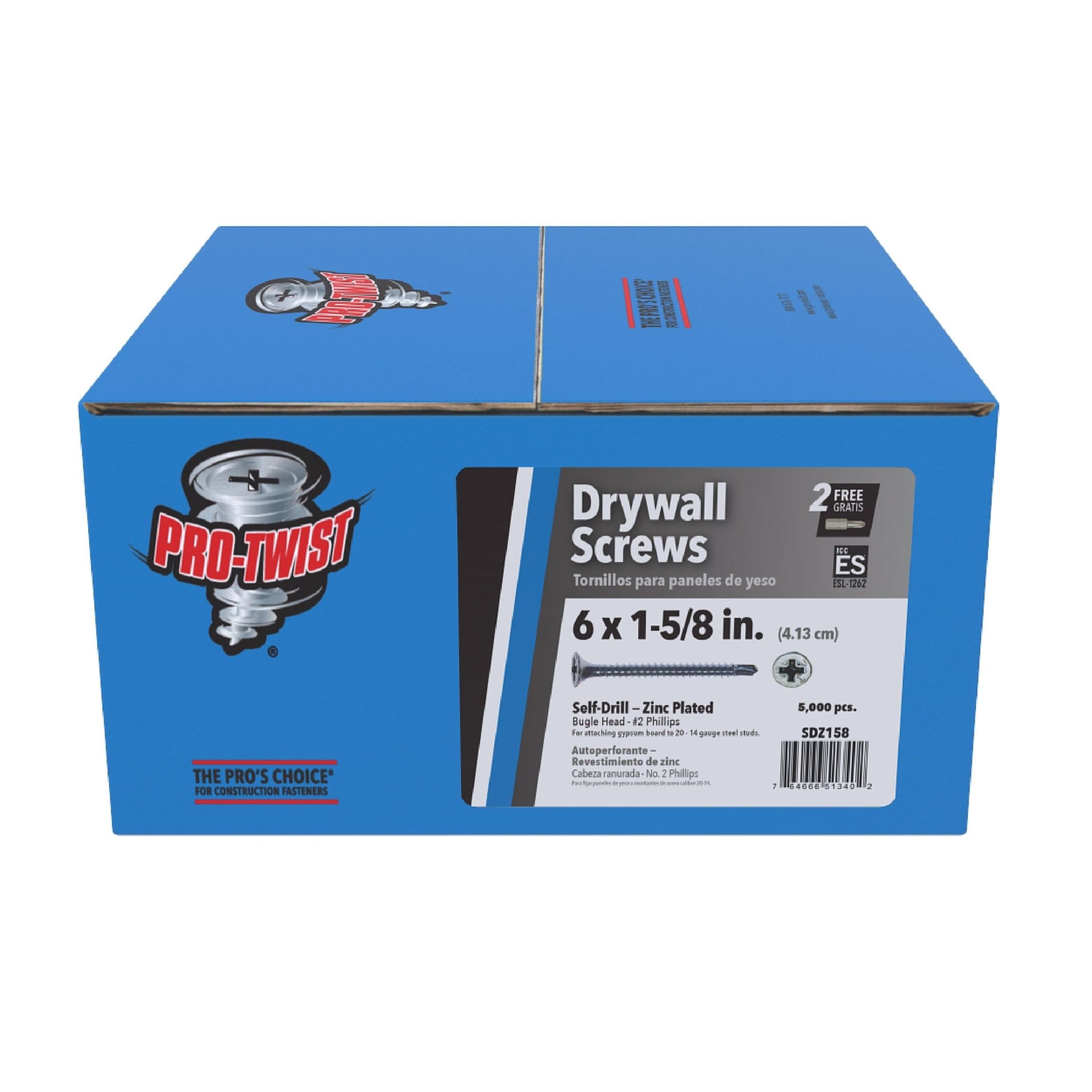 A blue box of Pro-Twist fasteners, labeled PRO-TWIST SDZ158 #6 x 1-5/8 in., features a screw logo with a red banner, highlighting Self-Drill Tip – Zinc Plated ideal for professional contractors. It contains 5,000 pcs designed for efficiency.