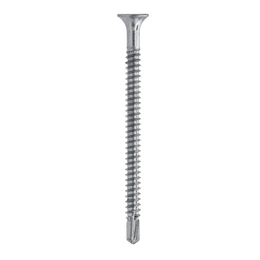 A close-up of a Pro-Twist SDZ238 Zinc Plated #2 Phillips Bugle Head Screw, featuring a flat head and fine thread, stands vertically against a plain white background.