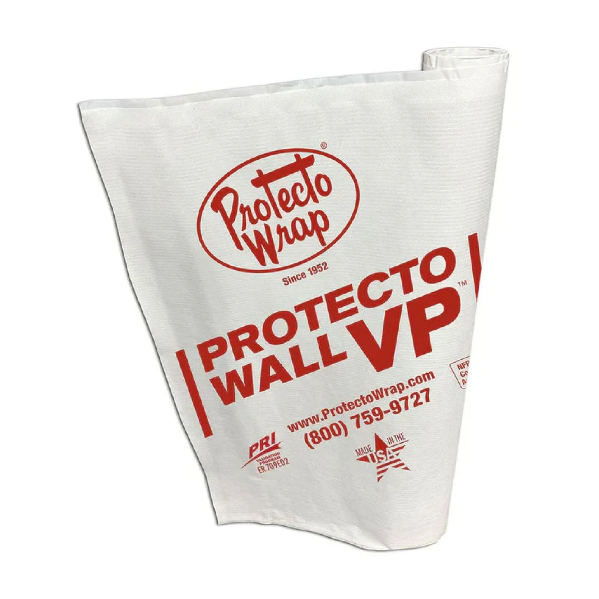 A roll of Protecto Wraps PROTECTO Wall VP Water Resistive Barrier is 40 in. x 120 ft., with pressure-sensitive adhesive. It features red text and logo on a white background, serves as an air vapor barrier, and includes the companys website and phone number.
