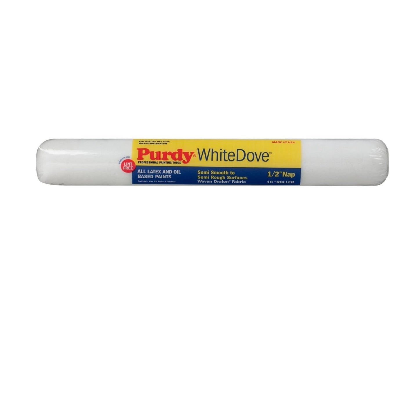The PURDY 144670183 White Dove 18 in. x 1/2 in. Woven Dralon Paint Roller Cover ensures smooth application on latex and oil paints for smooth to semi-smooth surfaces, featuring a 1/2-inch nap for optimal coverage.