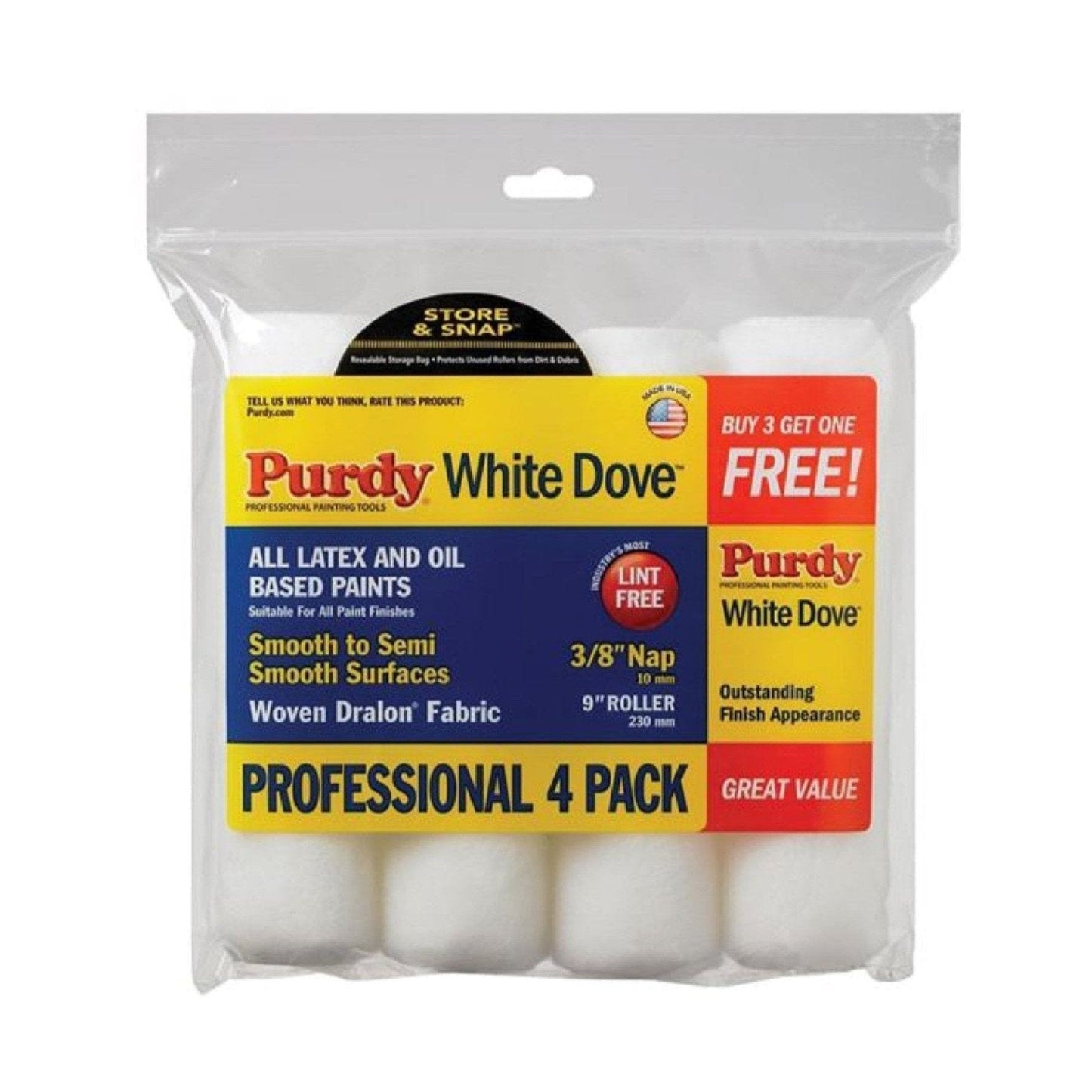The PURDY 14B863400 White Dove 9 in. x 3/8 in. Paint Roller Cover (4-Pack) features high-density knit fabric for a smooth, lint-free finish and is ideal for both latex and oil-based paints. This package also includes a visible promotional offer for a free item.