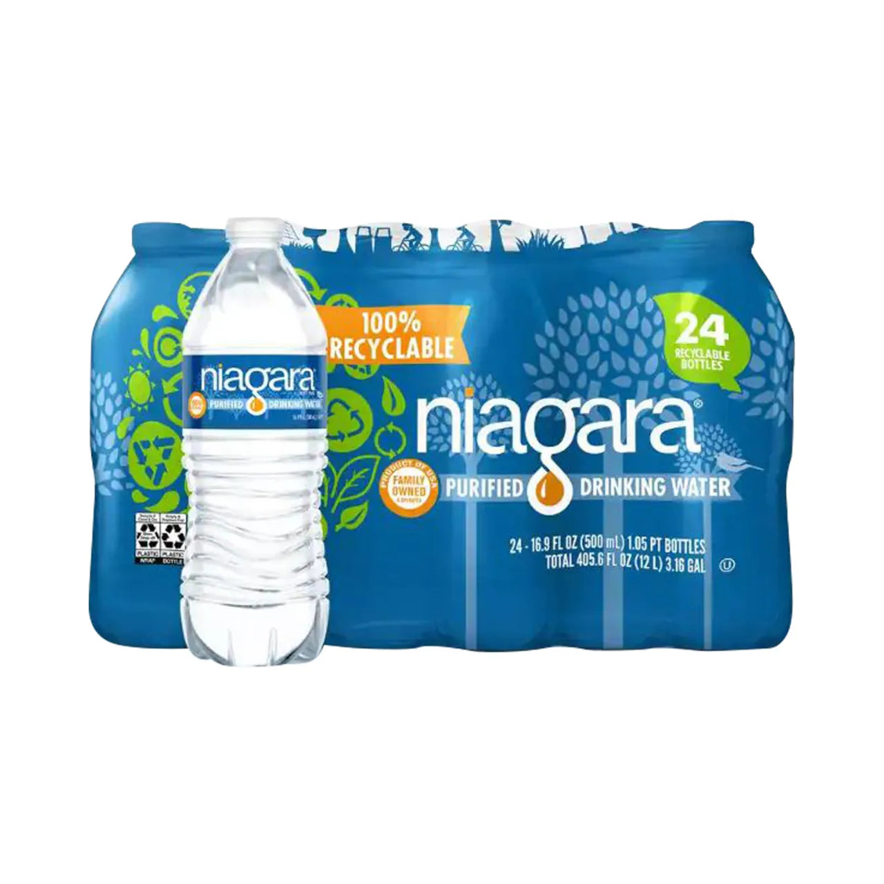 A 24-pack of Niagara 500 ml Purified Drinking Water by Go Build, The Fastest Way To Build, features blue 100% recyclable packaging and a clear bottle in front—ideal for home or office delivery.