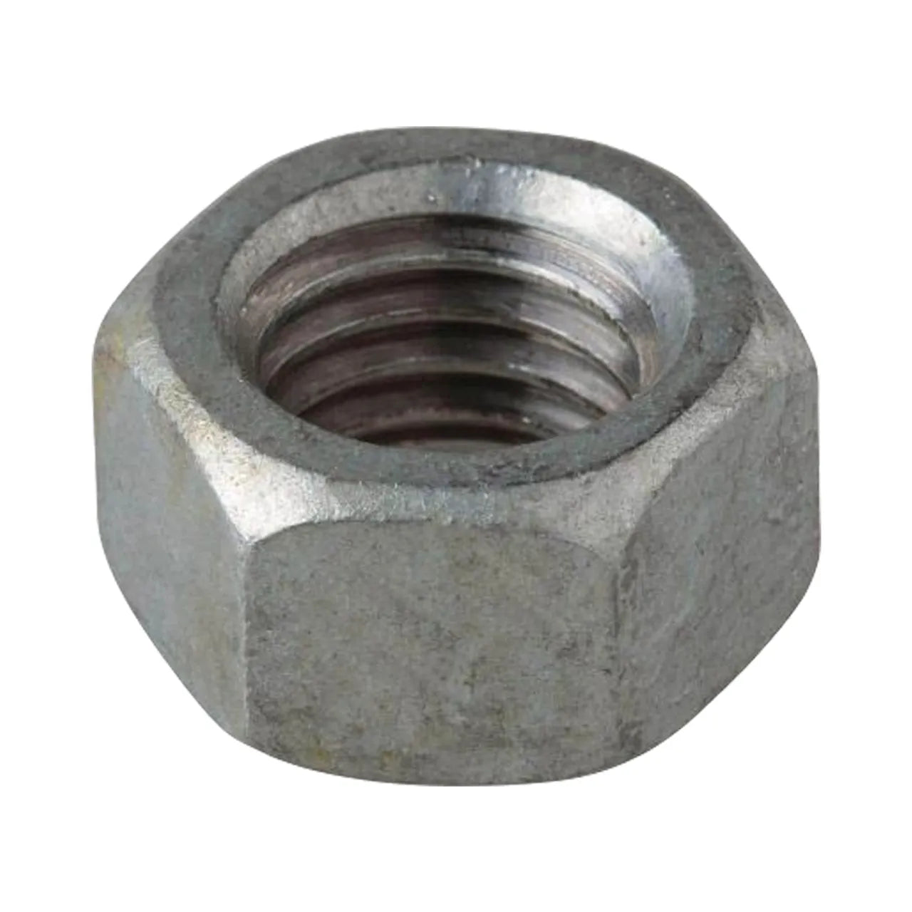 The Go Build 5/8 in.-11 Galvanized Hex Nut features internal coarse threads for secure fastening onto bolts. Shown on a white background, this durable steel nut is from Go Build, The Fastest Way To Build.