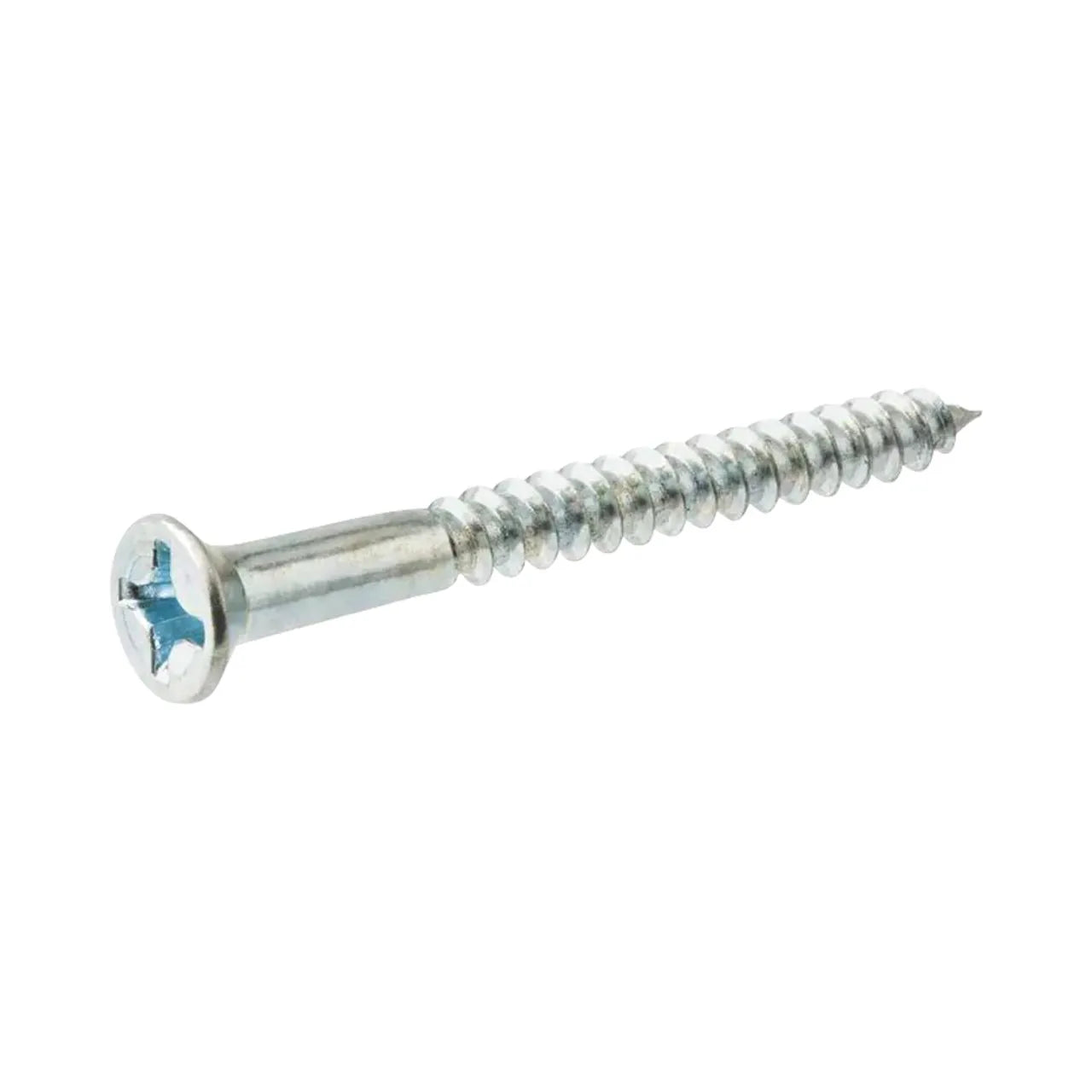 The Go Build #8 x 1 in. Zinc Plated Phillips Flat Head Wood Screw, silver-colored with a threaded body and pointed tip, is displayed against a white background.