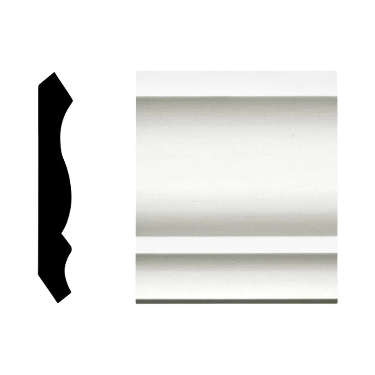 The Go Build 9/16 in. x 3-5/8 in. x 12 ft. Pine Primed Finger-Jointed Crown Moulding Pro Pack is displayed, featuring a detailed cross-section that highlights its elegant curved and angular profile against a white background.
