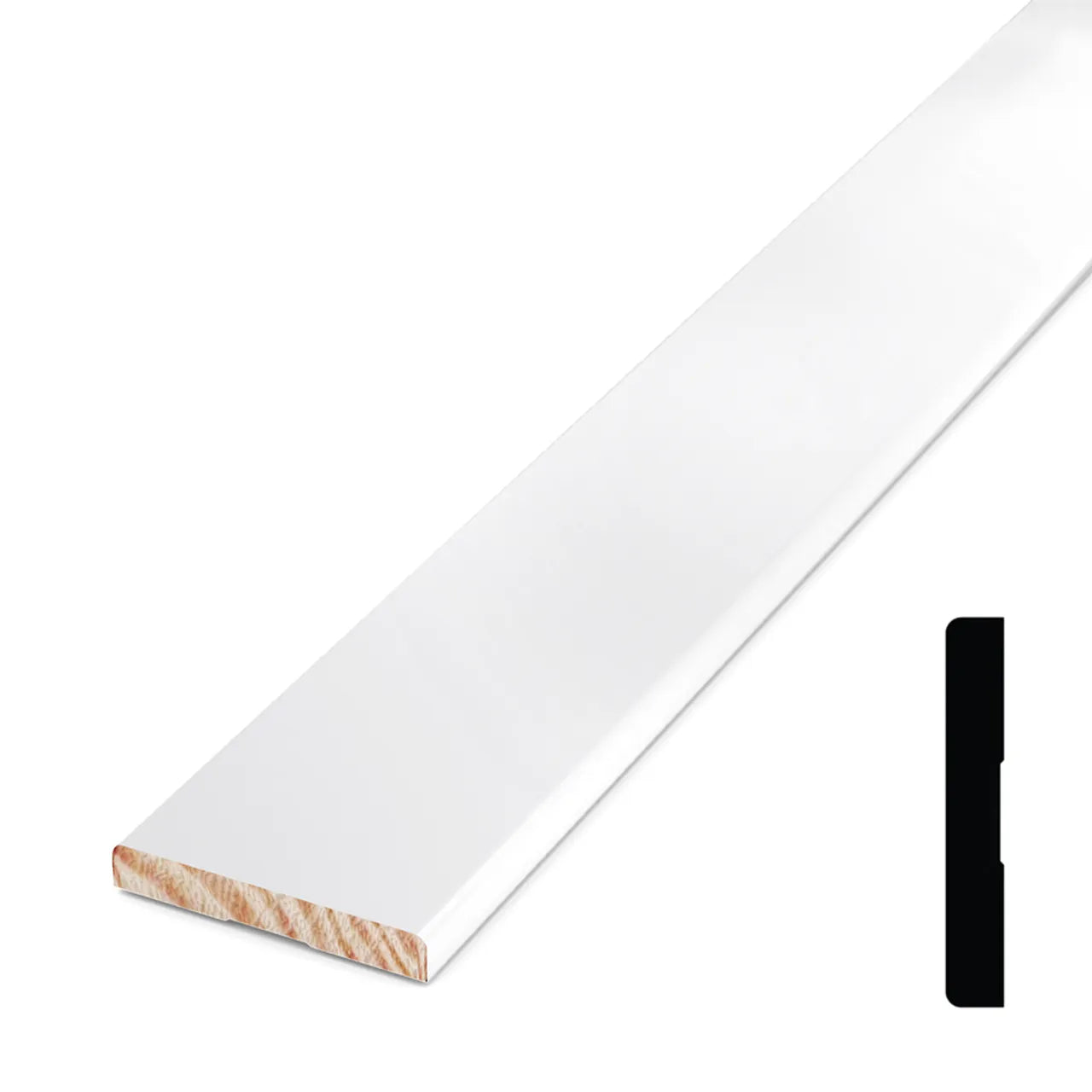 The Go Build 5/8 in. x 3-1/2 in. x 14.25 ft. Primed Finger-Jointed Pine Casing Moulding Pro-Pack features a smooth white painted surface with unfinished edges, shown on a white background.