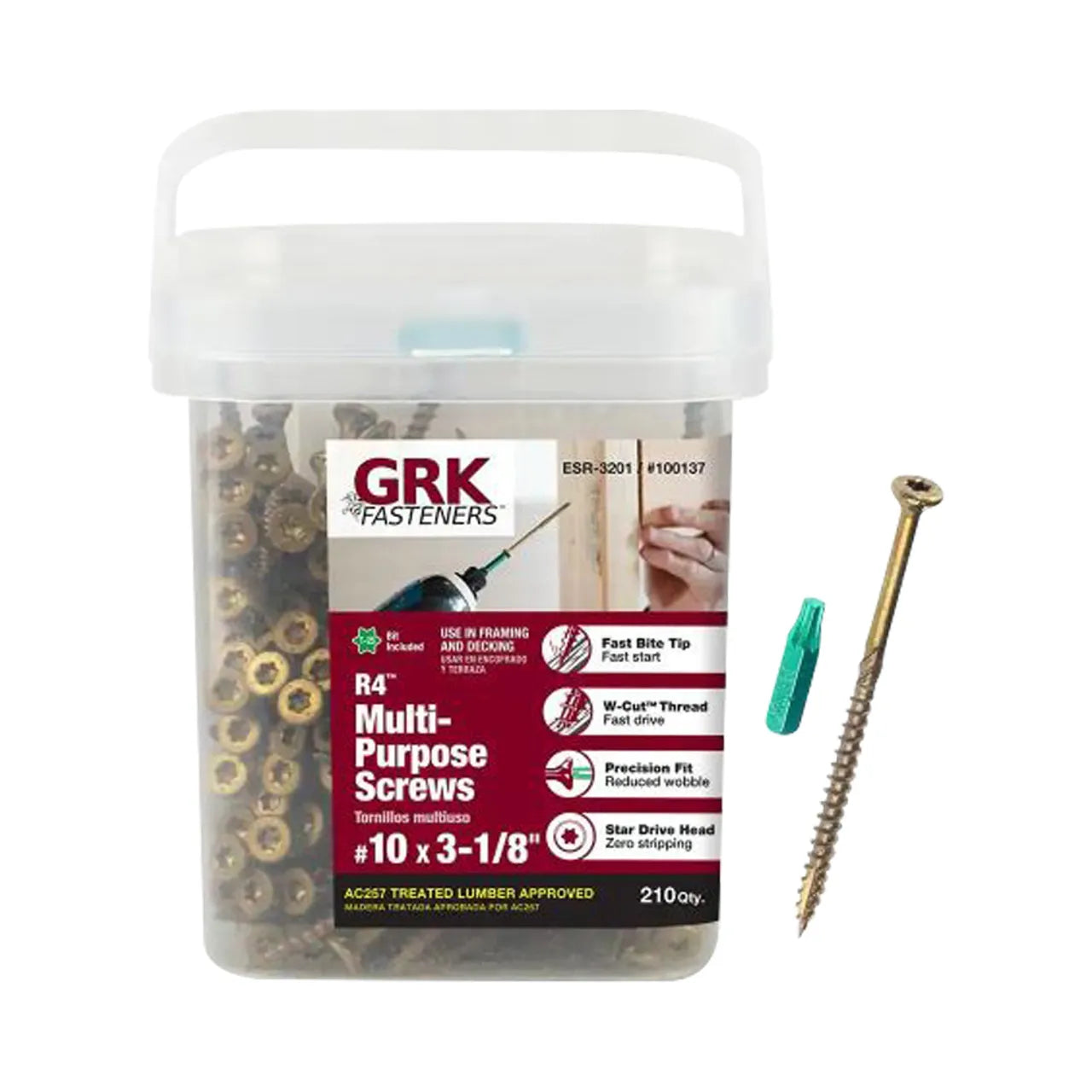 A clear Go Build #10 x 3-1/8 in. Star Drive Bugle Head R4 Multi-Purpose Wood Screw container labeled The Fastest Way To Build displays gold screws with star drive heads inside, plus a separate screw and green driver bit nearby.