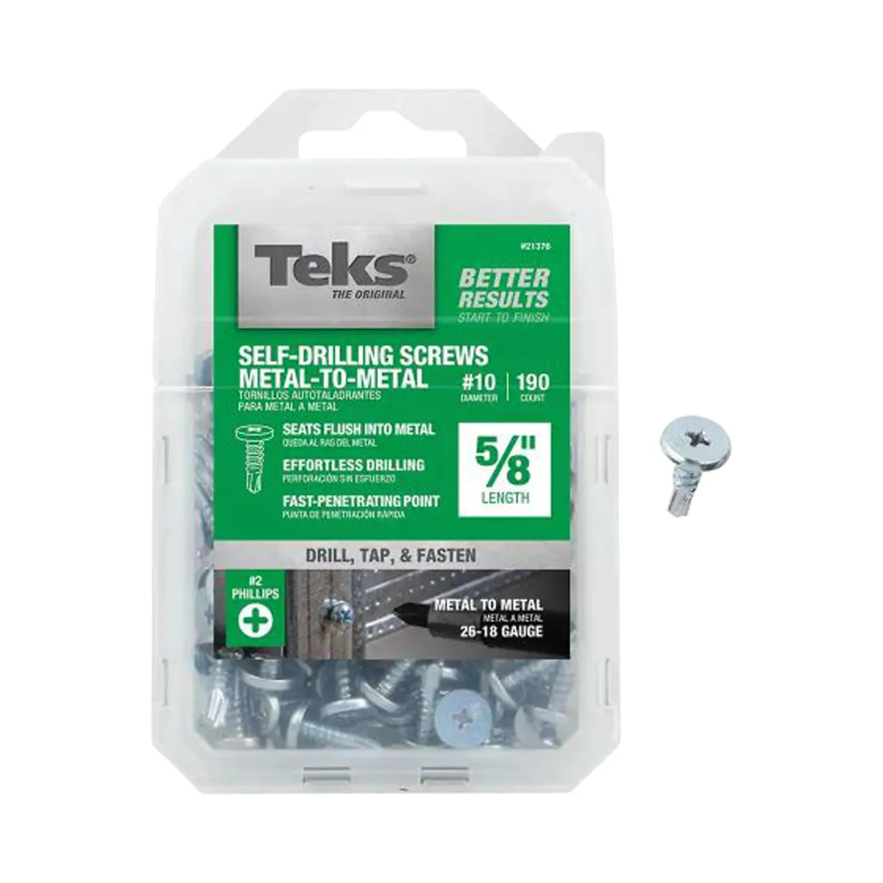 A clear plastic box of Go Build #10 x 5/8 in. Phillips pancake head self drilling screws (190/pack) for metal-to-metal fastening, featuring zinc plating and green and white branding with product details on the label.