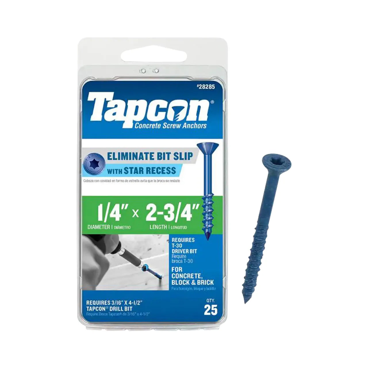A package of Go Build 1/4 in. x 2-3/4 in. Star Flat-Head Concrete Anchors (25/Pack) with a single blue screw, ideal for fastening into concrete, block, and brick—perfect masonry fasteners for tough jobs.