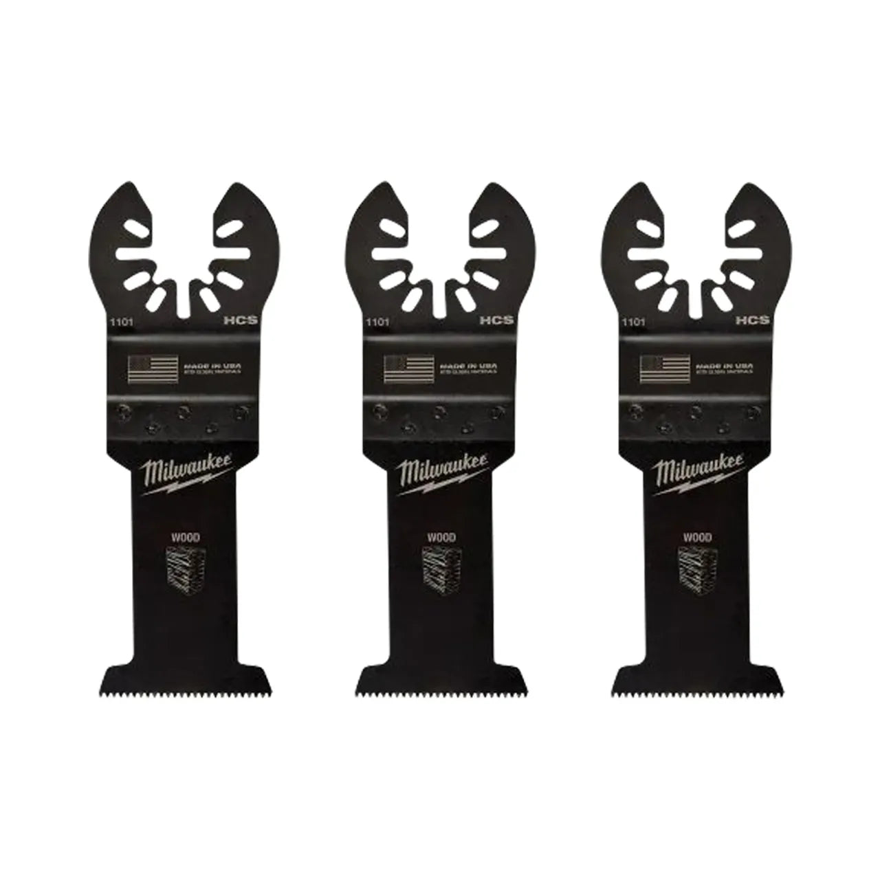 Three black Go Build 1-3/8 in. High Carbon Steel Universal Fit Wood Cutting Multi-Tool Oscillating Blades, featuring serrated edges and an American flag graphic, product number 1101.