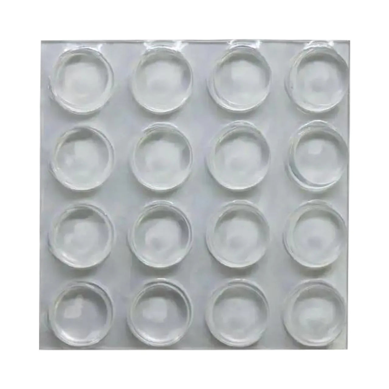 A 4x4 grid of Go Build 1/2 in. Clear Soft Rubber Like Plastic Self-Adhesive Round Bumpers, each in a raised circular section, is displayed from above on a plain white background.