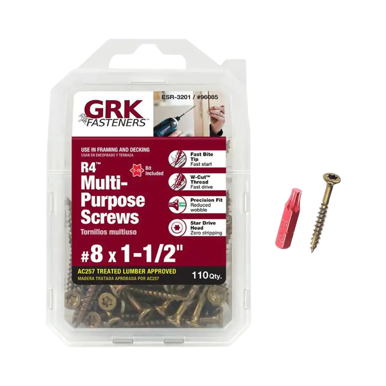 A plastic container of Go Build #8 x 1-1/2 in. R4 Multi-Purpose Star Drive Flat Head Screws, 110 count, features fast bite and a star drive design, with one screw and a red bit shown outside the container.