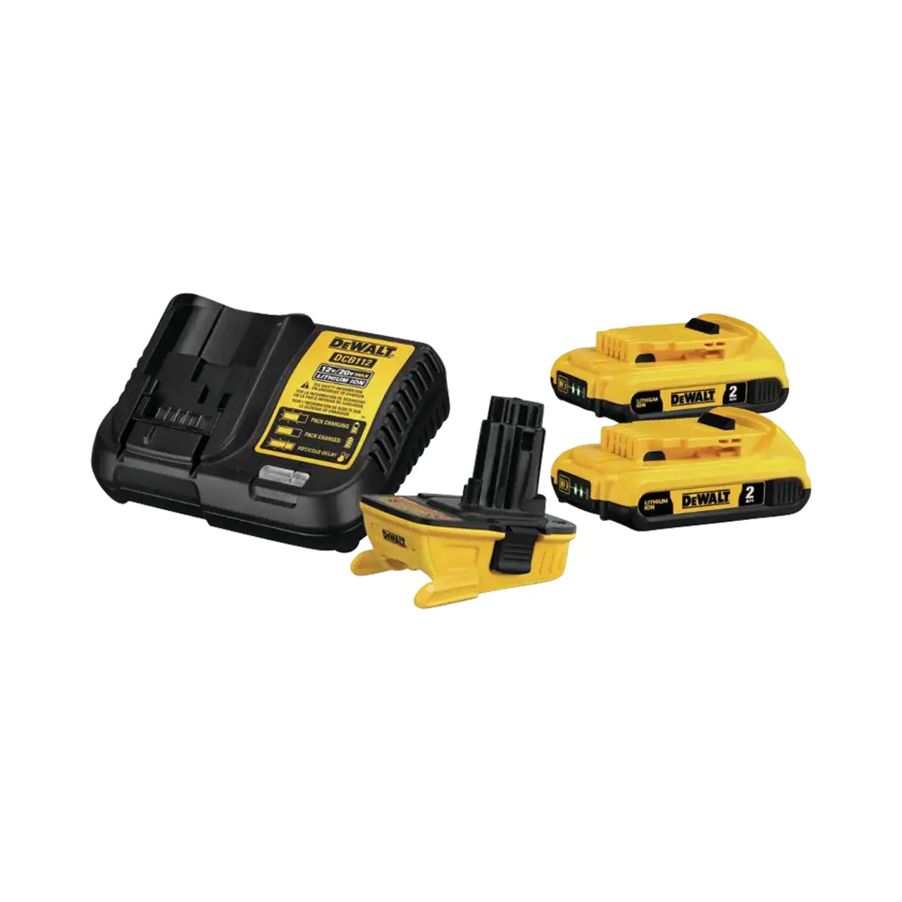 A Go Build 18V to 20V MAX Lithium-Ion Battery Adapter Kit and charger, with one attached battery and two yellow-and-black rechargeables, are displayed on a white background. Brand: The Fastest Way To Build.