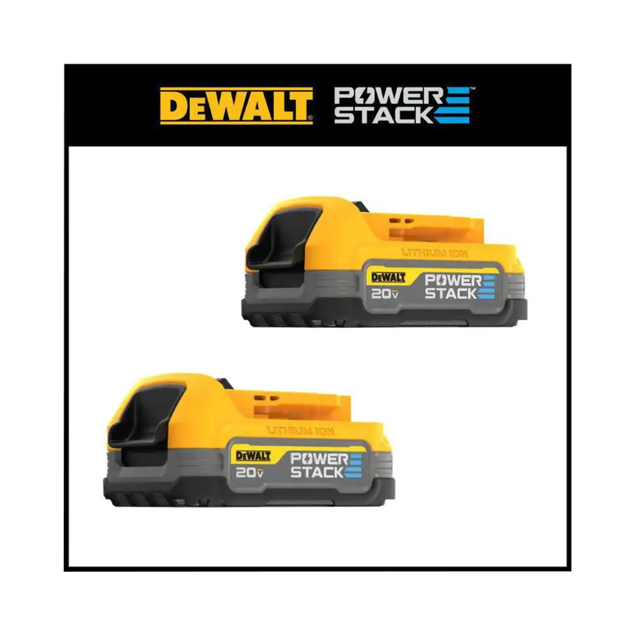 Two yellow and black Go Build 20V MAX Powerstack Compact Batteries are stacked vertically, with the Go Build, The Fastest Way To Build logo displayed at the top of the image.