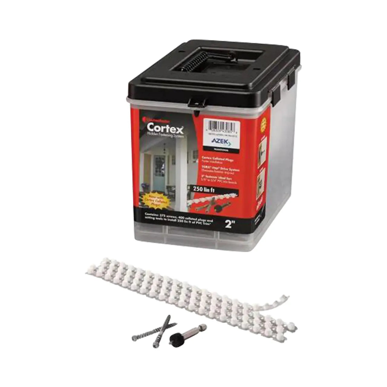 A clear plastic container with a black lid labeled Go Build, The Fastest Way To Build 250 Linear ft. Collated Cortex for Azek Trim Traditional (776/Pack), shown with collated screws, a drill bit, and white plugs on a strip in front.