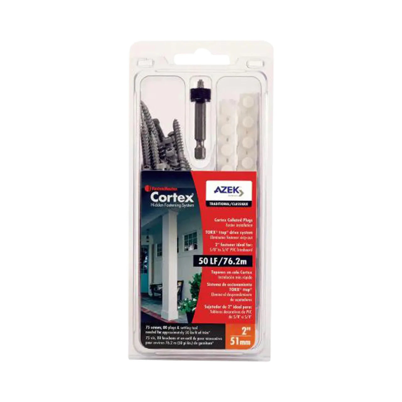 The Go Build 50 LF Collated Cortex for Azek Trim Traditional (176/Pack) kit includes fasteners, white plugs, and a drill bit for 2-inch deck boards. Covers 50 linear feet—ideal for a seamless finish. Brand: The Fastest Way To Build.